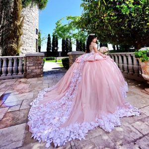 Prachtige blush roze quinceanera jurken maskerade van de schouder gezwollen baljurk prom jurken met appliques zoet 16 Vestidos de 15 264H