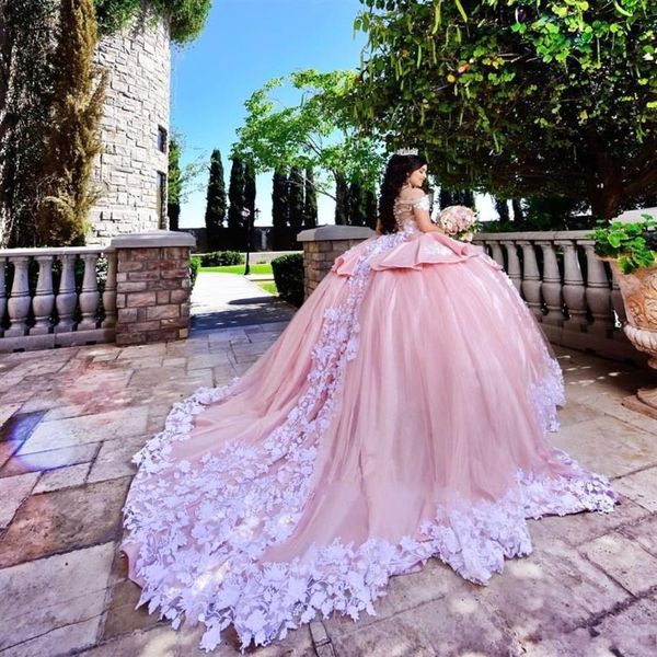 Gorgeous Blush Pink Quinceanera Vestidos Masquerade Off The Shoulder Puffy Ball Gown Vestidos de baile con apliques Sweet 16 vestidos 206Q