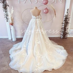 Magnifique robe de mariée Boho avec des appliques en dentelle élégantes bretelles Spaghetti dos nu robes de mariée en Tulle 2024 robe de mariée de campagne civile bohème vestidos de novia