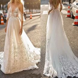 Gorgeous Boho Wedding Dresses Bridal Gown 2022 with Spaghetti Straps Sweep Train Lace Applique Custom Made Sexy Backless Illusion Bodice Beach Vestidos de novia