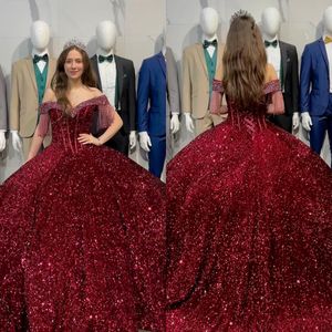 Prachtige bordeaux prinses quinceanera jurken baljurk off shoulder glitter pailletten kwastjes vestido de quinceanera veters Sweet 15 Maskerade Jurk