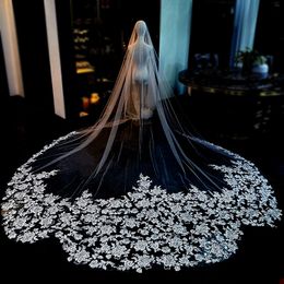 Magnifique voile de mariage cathédrale en dentelle, bord appliqué, accessoires pour cheveux en Tulle doux, Long voile de mariée Floral avec peigne