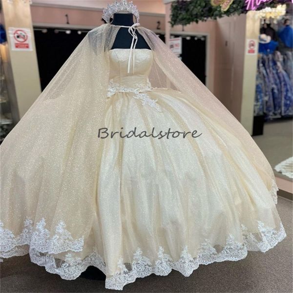 Superbe Chamgane Quinceanera Robe 2024 Vintage Bretelles Puffy Sweet 16 Robe Avec Wrap Cape Dentelle Robes De 15 xv Anos Élégante Formelle Robe De Fête D'anniversaire Quinze