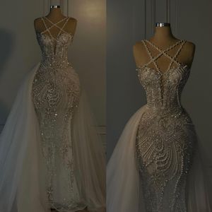 Magnifique graphique robe de mariée sirène overskirts bretelles croisées perles perles robes de mariée robes de mariée balayage train Dubaï robe de mariage