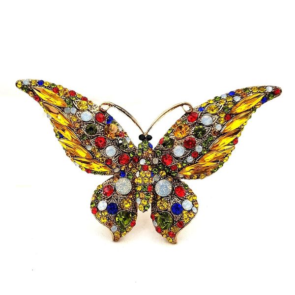 Preciosos broches de mariposas amarillas grandes con acento de varias piedras de colores para mujer, accesorios formales de Galas de moda antigua