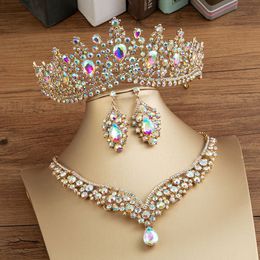 Magnifique cristal AB ensembles de bijoux de mariée mode coiffes boucles d'oreilles colliers ensemble pour femmes robe de mariée couronne diadème