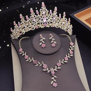 Preciosos juegos de joyas nupciales de tiaras de cristal para mujer, corona, gargantilla de flores, collar, conjunto de traje de novia de boda 240202