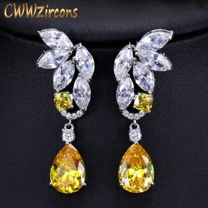 Prachtige kubieke zirkonia stenen grote lange gele bungelende drop oorbellen voor vrouwen wit goud kleur oor sieraden CZ389 210714