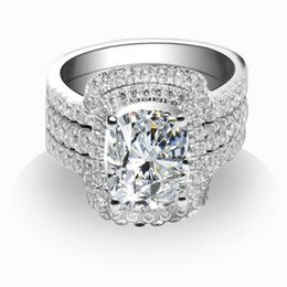 Precioso conjunto de anillos con corte de cojín, anillos de plata de ley 925, Color oro blanco, anillos de diamantes sintéticos de 2 quilates, conjunto de anillos de boda para mujer 2302