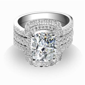 Magnifiques anneaux de coupe coussin set 925 Anneaux en argent sterling couleur or couleur 2ct diamants synthétiques anneaux ensembles bandoues de mariage 244o