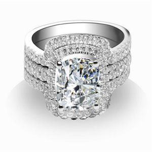 Prachtige Cushion Cut Ringen Set 925 Sterling Zilveren Ringen Wit Goud Kleur 2CT Synthetische Diamanten Ringen Set Vrouwen Wedding Bands284H