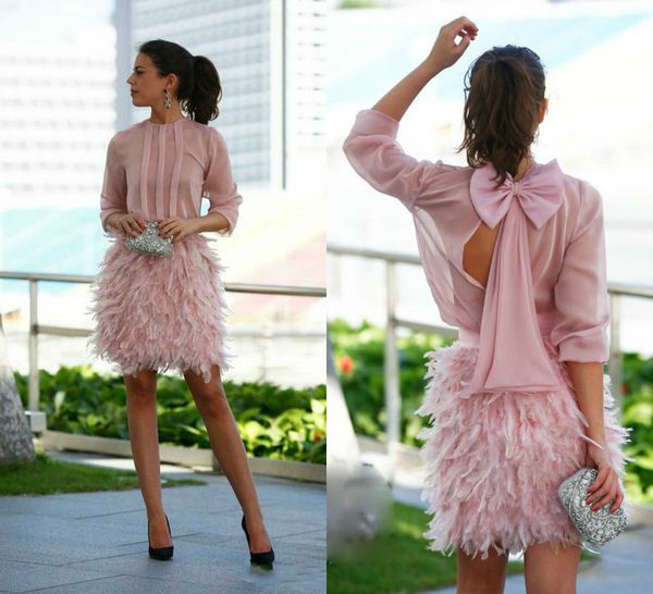 Magnifique plume courte robes de bal rose en mousseline de soie manches longues dos ouvert avec arc robes de soirée robes de soirée cocktail pour occasion spéciale