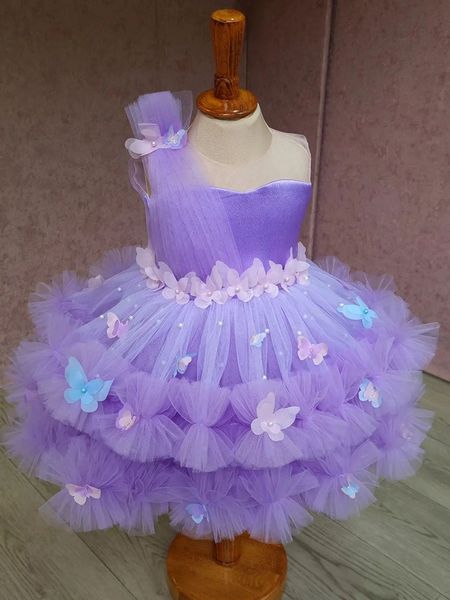 Hermosos vestidos de niña de flores esponjosas con perlas floral de mariposa 3d apliques morados grandes reverencias de cumpleaños de reverso sin espalda tutú encantadora vestida de Navidad 403