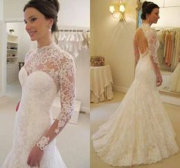 Superbes robes de mariée en dentelle 2022 robe de mariée sirène avec manches longues col haut sexy dos nu balayage train sur mesure tulle robe de novia