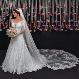 Preciosos vestidos de novia de encaje completo Una línea Apliques Rebordear Ilusión Joya Cuello Mangas largas V Espalda Abierta Tren de barrido Vestidos de novia