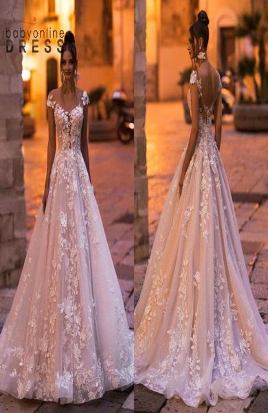 Preciosos vestidos de novia de encaje completo, hombros descubiertos, sin espalda, con apliques cubiertos con botones, vestidos de novia de verano de talla grande BC111337426195