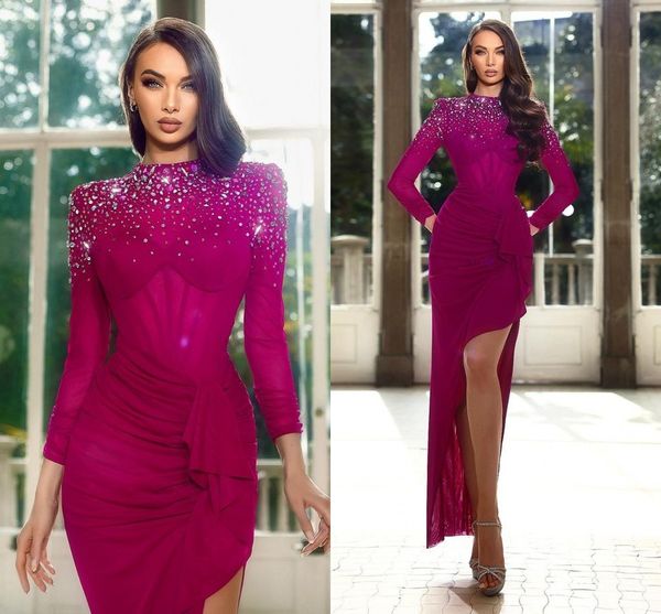 Precioso fucsia Tallas grandes Sirena Vestidos de baile Cuello joya Cristales con cuentas altas Manga larga Ropa formal Concurso de cumpleaños Ocasiones especiales Vestidos de fiesta de noche