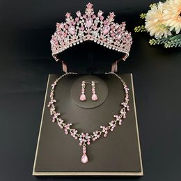 Preciosos juegos de joyas nupciales de cristal rosa de Color dorado para mujer, Tiaras de moda, pendientes, collar, corona, conjunto de boda de Dubai 240202