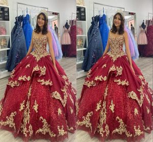 Magnifique broderie d'or bordeaux 2022 robe de bal Quinceanera robes chérie perles perlées appliques tulle doux 15 16 Charra Pr1120195