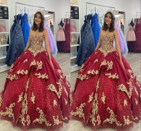 Magnifique broderie d'or bordeaux 2022 robe de bal Quinceanera robes chérie perles perlées appliques tulle doux 15 16 Charra Pr1120195