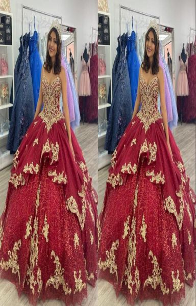 Magnifique broderie d'or bordeaux 2022 robe de bal Quinceanera robes chérie perles perlées appliques tulle doux 15 16 Charra Pr7593753