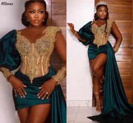 Superbes robes de bal en dentelle brodée d'or Aso Ebi Nigeria Robes de soirée formelles pour femmes noires avec manches bouffantes Mini robe de soirée de cocktail CL3349
