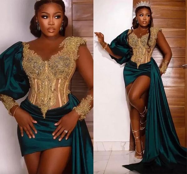 Preciosos vestidos de baile de pasos de encaje de bordado dorado ASO EBI NIGERIA Mujeres negras Vestidos de noche formales con mangas hojaldres Vestidos de cócteles cortos