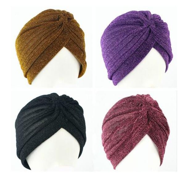 Superbe casquette Turban or uni brillant miroitant paillettes scintillantes chapeaux indiens Hijab musulman pour femmes GB952