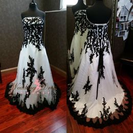 Superbes robes de mariée gothiques noires et blanches 2020 sans bretelles en dentelle appliques corset sur mesure, plus la taille robe de mariée nuptiale Go268d