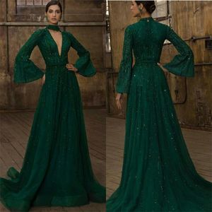 Prachtige Green A Line Avondjurken Bling Pailletten Kralen Ruches Tulle Beach Prom Gown Custom Made High Neck Lange Mouwen Formele Pageant Party Wear