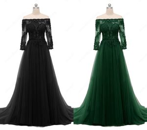 Prachtige groene zwarte avondjurken lang 2018 illusie mouwen uit schouder kanten applique kralen tule een lijn echte foto's goedkope prom jurk