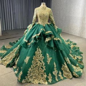 Preciosos vestidos verdes de quinceañera con cuello alto, apliques dorados, vestido de baile con cuentas, vestidos dulces de fiesta de cumpleaños de princesa de 15