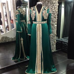 Prachtige groene Marokkaanse kaftan avondjurken met kralen elegante lange mouwen moslim prom jurk satijn formele feestjurken vestidos fiesta robe de soirée mariage