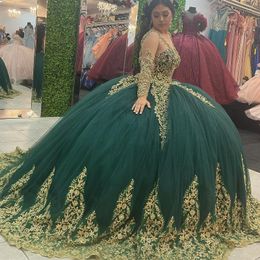 Magnifiques robes de Quinceanera vertes avec des appliques dorées en dentelle, robe de bal à manches longues, princesse, fête d'anniversaire, douce 16 robes de 15
