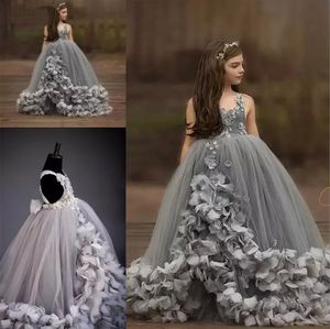 Hermosos vestidos de niña de flores gris para boda tul tul princesa niños vestidos de comunión formal con flores 3d