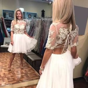 Prachtige halve mouwen prom jurkt een lijn kanten applique sexy illusie top kralen op maat gemaakt boven knie lengte staart feestjurk vestidos plus maat 403 403