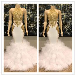 Gorgeous Halter Gold and White Prom Dresses Ruffles Tulle Real Pictures Mermaid Vestidos de cóctel formales Vestidos de noche
