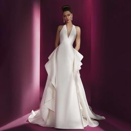 Prachtige Halter Solid Wedding Fashion V-Neck Ruched Mermaid Jurken met afneembare staart Elegante Sweep Train Bruid Dress