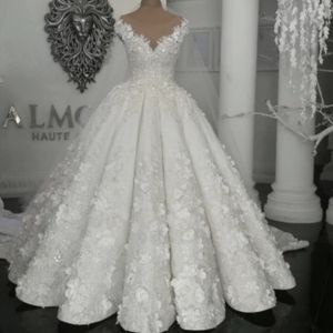 Superbes fleurs faites à la main robe de mariée pure bijou cou perles paillettes appliques robe de mariée luxe Dubaï dentelle robe de bal robes de mariée