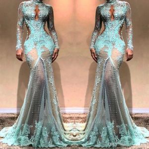 Precioso cuello alto, manga larga, sirena, ilusión de noche, encaje, vestidos de fiesta formales, vestidos de celebridades laterales recortados BC0003