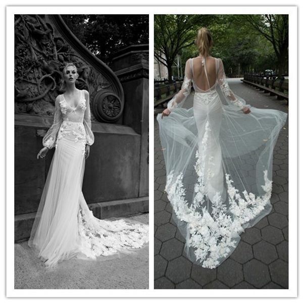 Superbe Inbal dror Une ligne robes de mariée col en V Appliques Illusion dos nu robes de mariée balayage train robe de mariée sur mesure