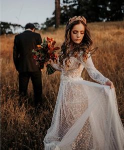 Prachtige trouwjurken ivoor Sheer lange mouwen Zien door Sexy Backless Lace Tulle bruidsjurken Robe de Mariage 2019 Nieuwe Collectie