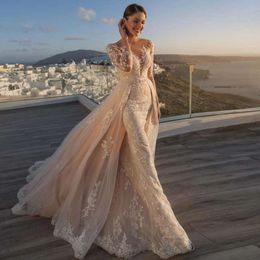 Prachtige kanten appliques bruid jurken lange mouwen zeemeermin trouwjurk afneembare staart knop illusie terugvestido de novia 0523
