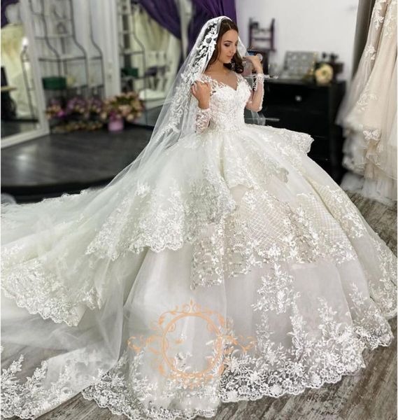 Magnifique robe de mariée en dentelle robe de mariée princesse avec manches longues col en V couches à volants chapelle train robe de mariée robes de novia3284944