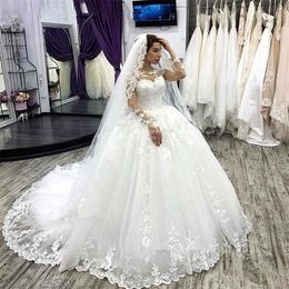 Prachtige kanten bal trouwjurken sexy nieuwe 3D bloemen toegewezen pailletten kralen sweep trein op maat gemaakte lange mouwen Arabische moslim wiet jurk bruidsjurk 403