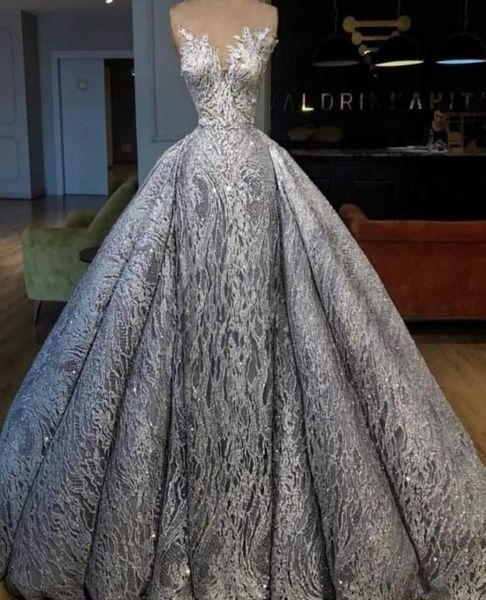 Preciosos vestidos de noche de encaje con sobrepesos transparentes para joyas sin mangas con lentejuelas de la alfombra roja Dubai impresionante noche GO8152443