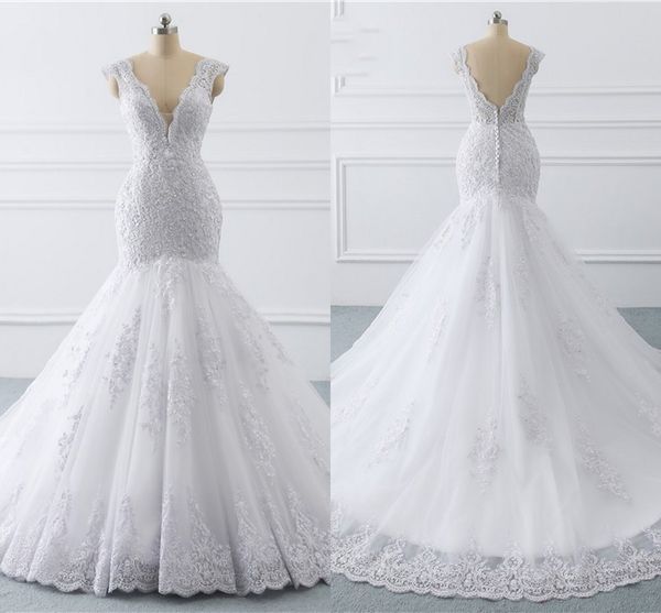 Magníficos vestidos de novia de sirena de encaje 2019 Perlas Lentejuelas con cuentas Apliques Escote en V profundo V Sin espalda Fruncido Vestido largo de novia Berta Tallas grandes