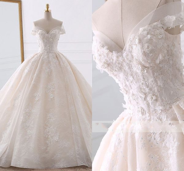 Precioso vestido de novia con hombros descubiertos y encaje, vestido de novia, vestidos de novia 2019, flores hechas a mano, perlas, vestidos de novia Berta con cuentas, talla grande, largo