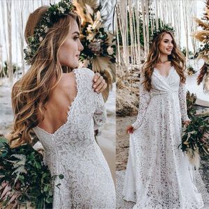 Magnifique robe de mariée en dentelle Robe nuptiale manches longues une ligne V cou arrière plus taille de plage de plage sur mesure Vestido de Novia 403 Estido Estido Estido Estido