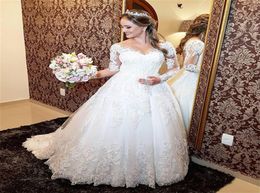 Prachtige kanten trouwjurken transparant holle rug lange mouw een lijn prrince Royal Bridal Jury Sweep Trail Vestidos de noiv4130292